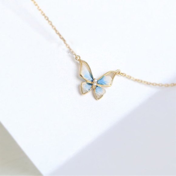 NEW Silver Gold Butterfly Blue Drop Glaze Necklace - Picture 2 of 8